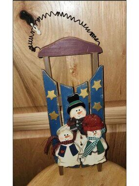 12.5 inches long Hanging Wooden Sleigh w/ 3 Snowmen Country Rustic Christmas  D8
